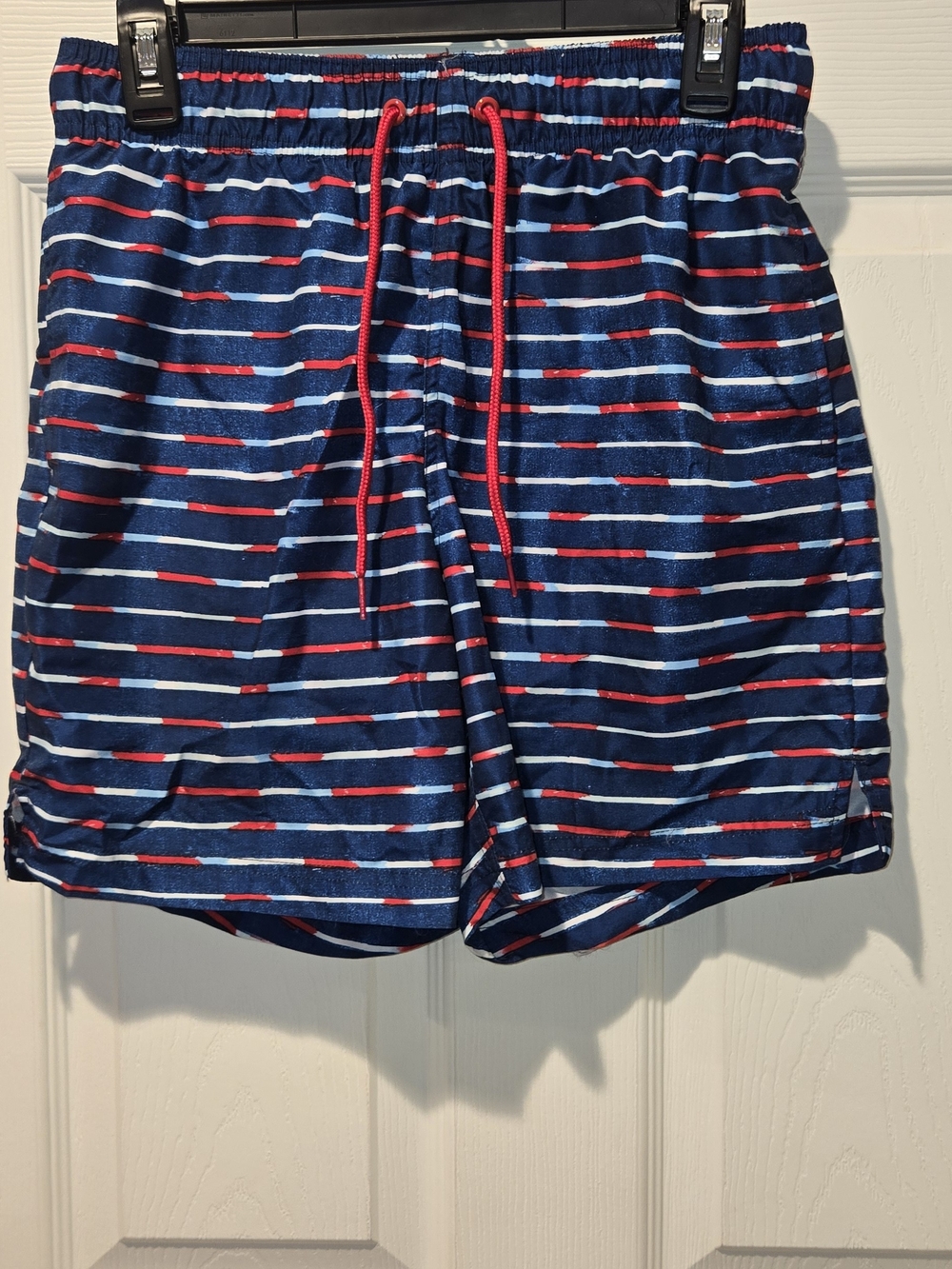 Men's Navy Striped Swim Shorts with Red Drawcord